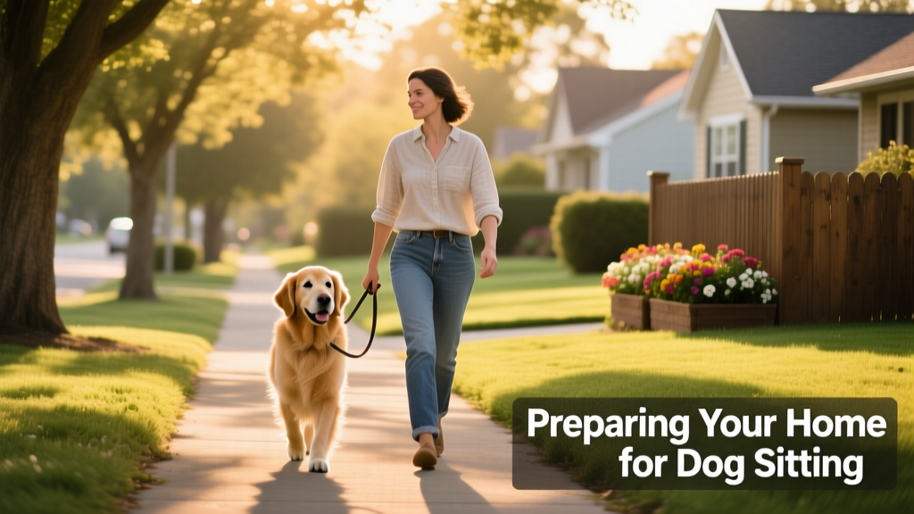 A calm, confident dog sitter walking a relaxed Golden Retriever along a tree-lined neighborhood path