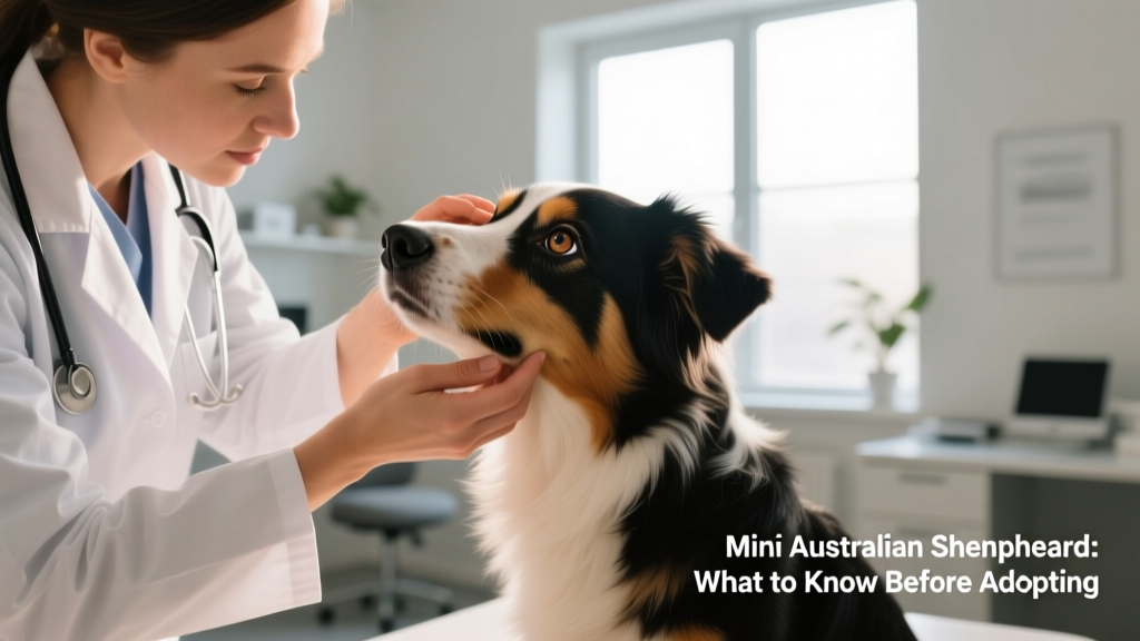 A veterinarian gently examining a Mini Australian Shepherd's eyes during a routine wellness check