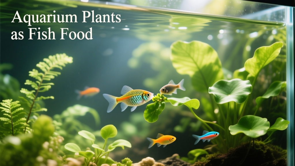 Aquarium with vibrant green plants and fish gently nibbling on leaves