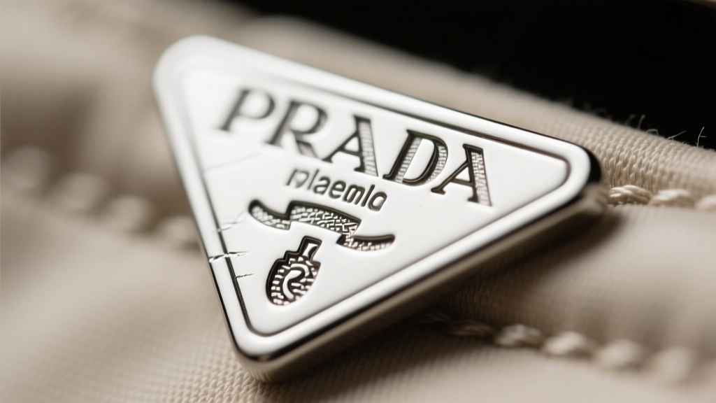 Extreme macro photo focusing on the engraved PRADA font on a silver tag, highlighting the distinct curved leg of the letter R.