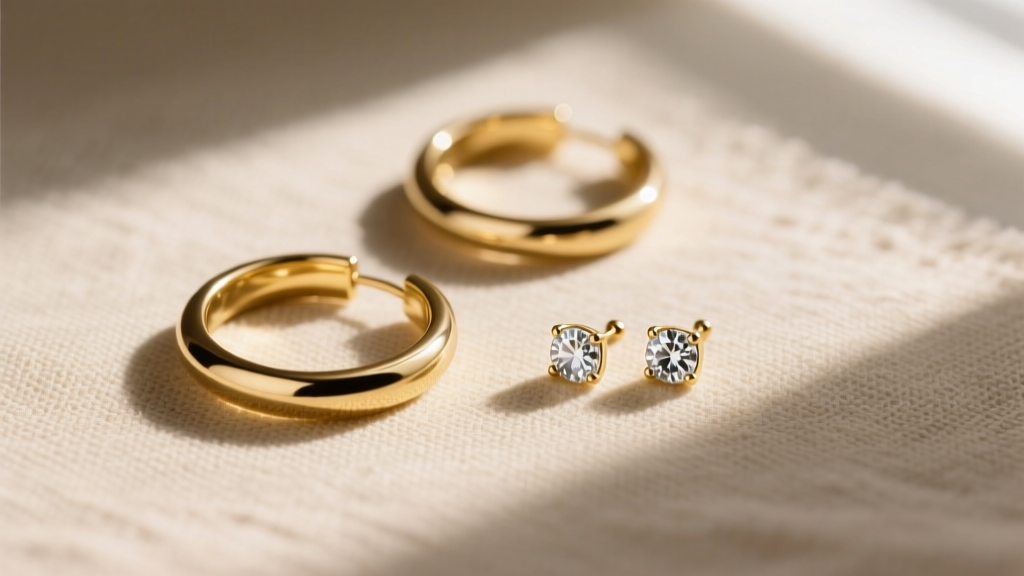 Flat lay of minimalist 14k gold-filled seamless hoops and small bezel-set studs arranged on a textured beige linen background.
