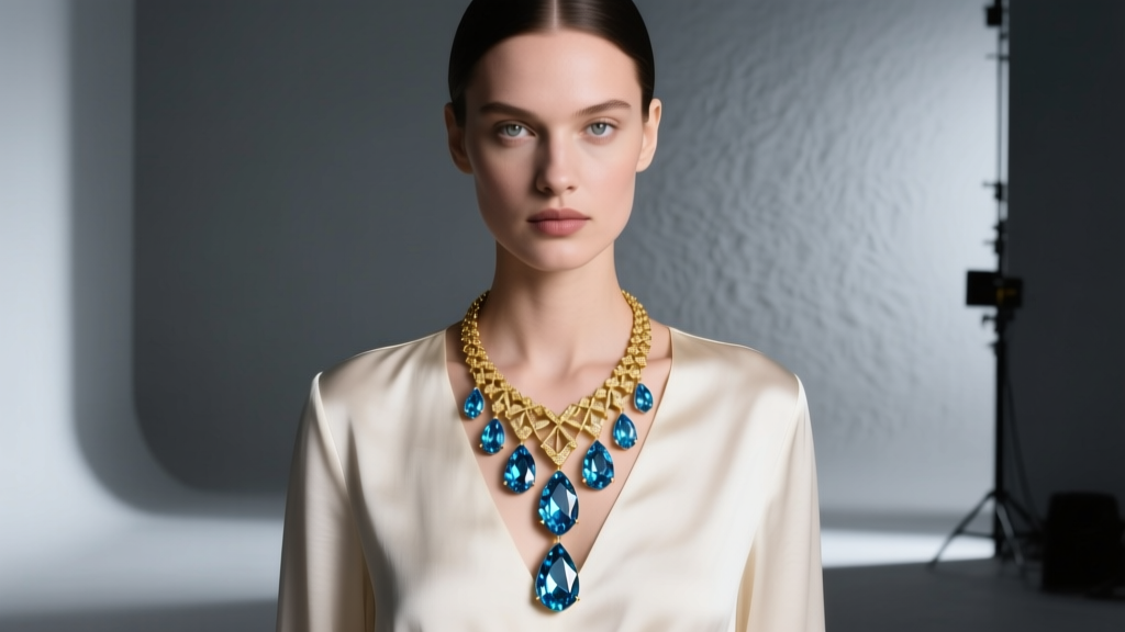 Model wearing an 18-inch gold briolette necklace with faceted blue topaz teardrops against a silk blouse in soft studio lighting
