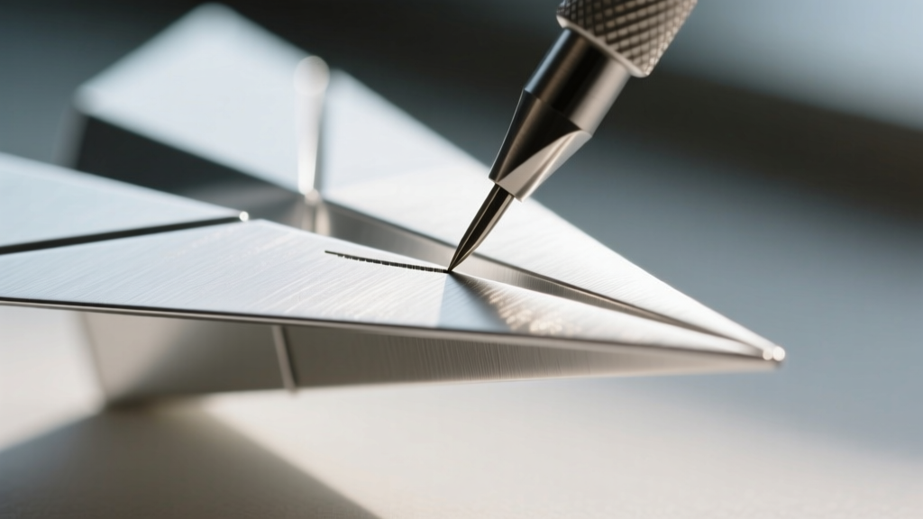 Close-up of a steel scribe scoring a precise fold line on a 22-gauge sterling silver sheet shaped like a paper airplane template.