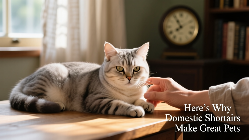 A senior domestic shorthair cat resting peacefully beside a human hand, illustrating calm companionship and longevity