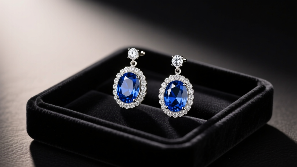 Oval blue sapphire and diamond halo drop earrings resting on a dark velvet jewelry tray under soft, warm gallery lighting