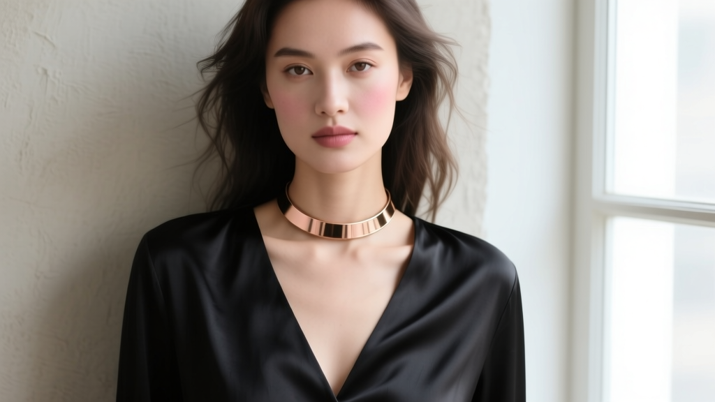 Model wearing a minimalist rose gold open choker layered over a deep V-neck black silk blouse, elegant editorial portrait style.