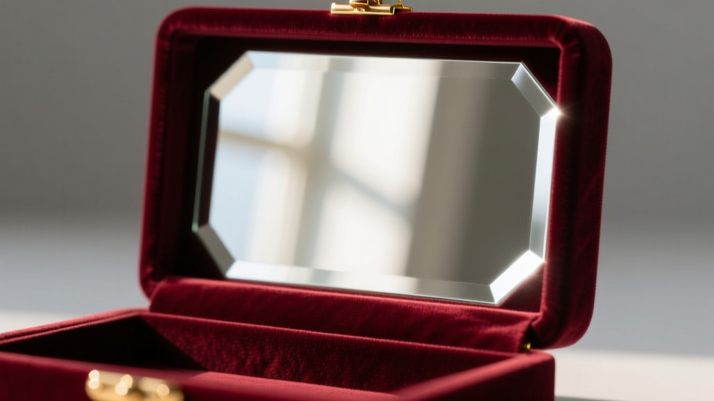 Close-up of a luxurious velvet-lined jewelry box with a pristine 5mm beveled glass mirror on the lid, reflecting soft ambient light.