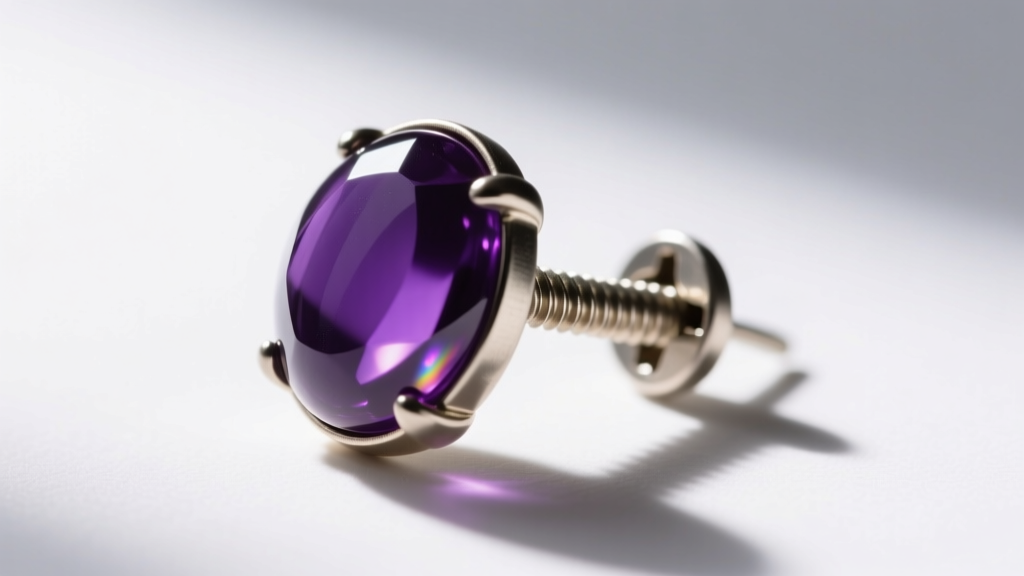 Macro shot of a vintage screw-back clip-on earring with a deep purple resin cabochon, showing the adjustable threaded metal screw.