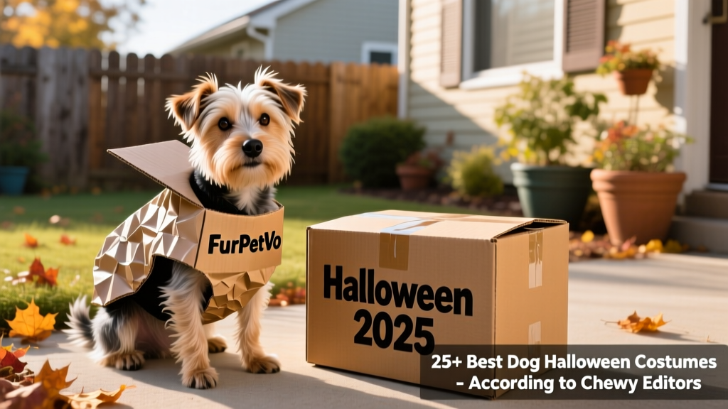 A small terrier wearing the FurPetVo Box costume, sitting proudly beside an unopened cardboard box