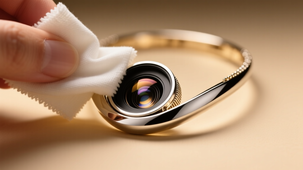 Macro shot of a silver projection necklace lens being gently wiped with a dry microfiber cloth under bright warm studio lighting.