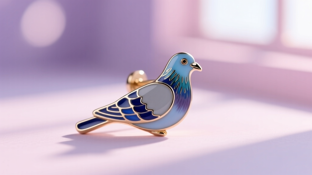 Macro view of a pigeon bird stud earring with blue and grey vitreous enamel detailing set against a soft, blurred pastel backdrop.