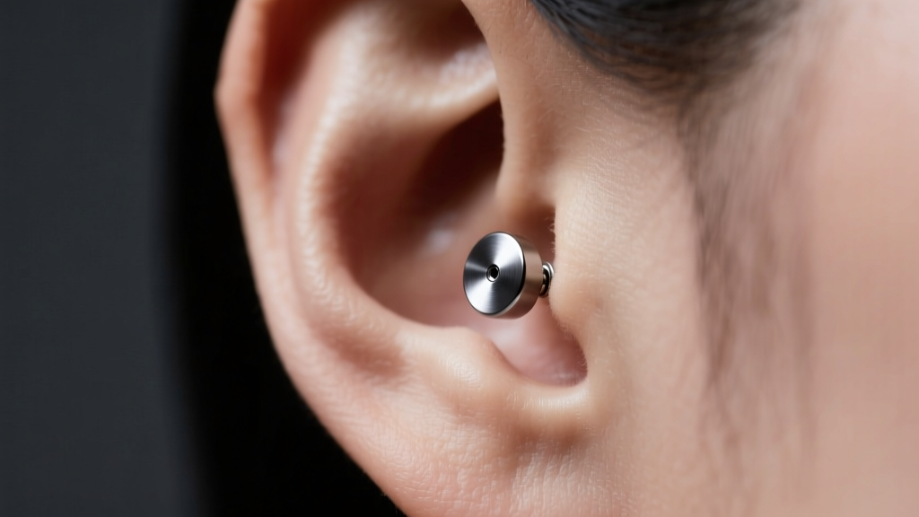 Close-up of a single 18g titanium labret stud in a left ear lobe, soft studio lighting, dark neutral backdrop, high detail.