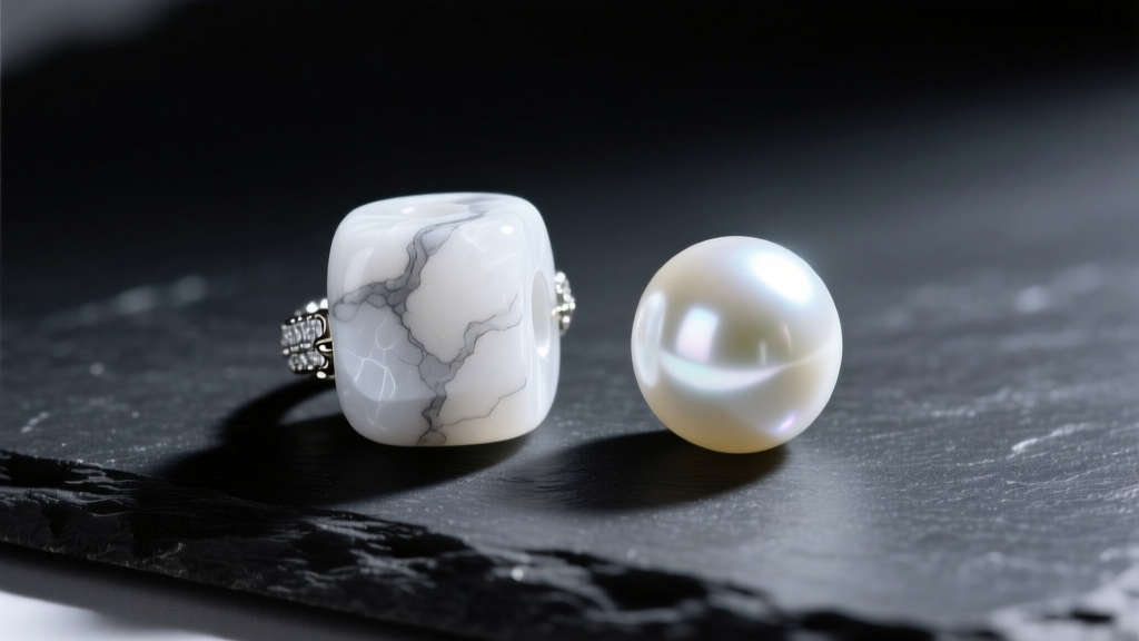 Macro shot comparing a natural white howlite bead with gray veining next to a luminous, round white freshwater pearl on dark slate.