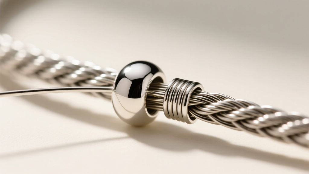 Macro shot of 49-strand steel beading wire threaded through a silver crimp bead and a French wire protector on a jeweler's mat.