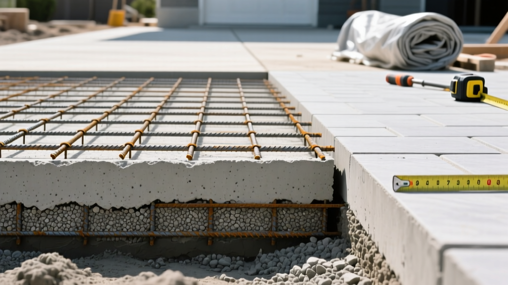 Cross-section of a 4-inch driveway poured with 4000 psi concrete and rebar grid next to a 3000 psi patio slab