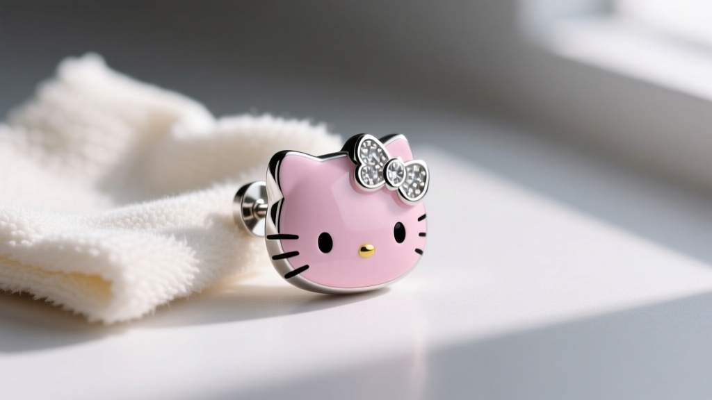 Macro shot of a titanium Hello Kitty earring post and butterfly backing resting beside a soft microfiber jewelry polishing cloth