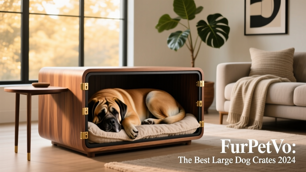 A stylish FurPetVo furniture-style crate integrated into a modern living room, doubling as a side table with a sleeping Mastiff inside