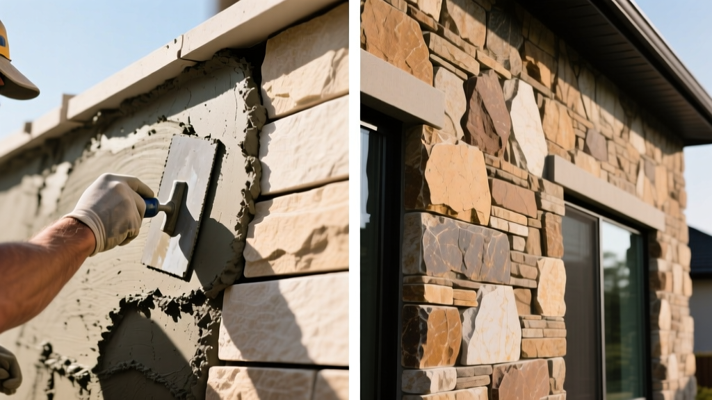 Split-screen comparison showing a mason troweling mortar on artificial stone veneer next to a finished natural limestone exterior wall