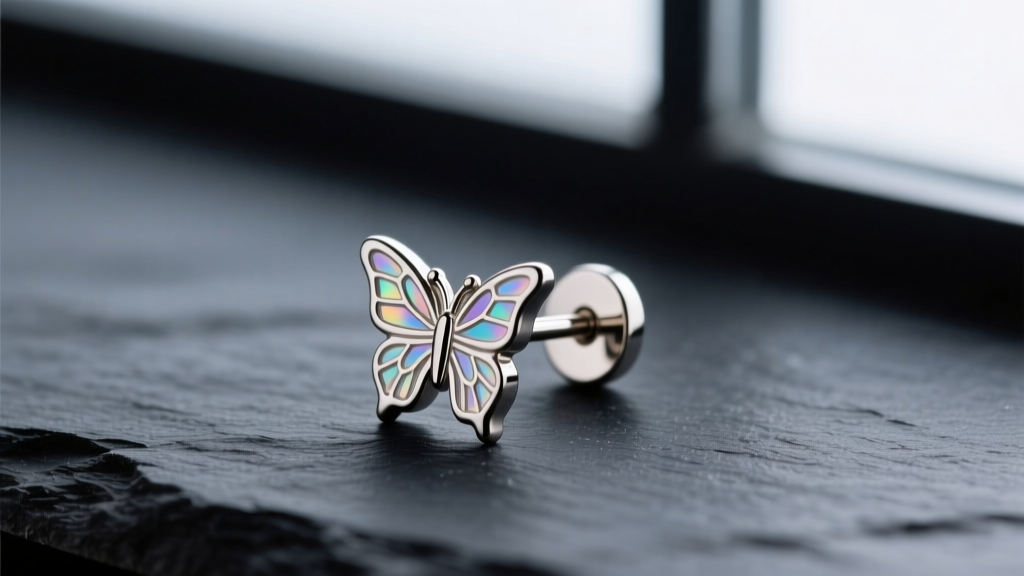 Macro shot of a 20-gauge titanium stud earring post and butterfly friction back on dark slate, soft studio lighting.