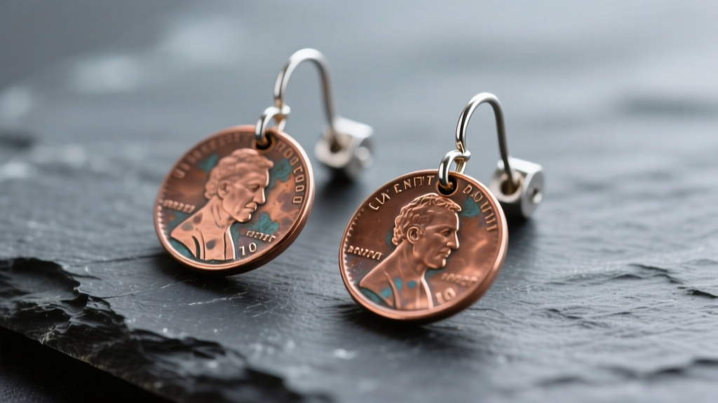 Close-up of hammered copper penny earrings on dark slate, showing natural oxidation and securely attached silver earring posts.
