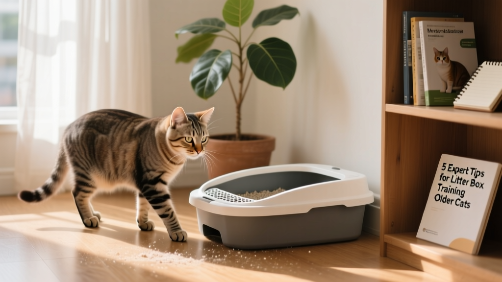 Senior tabby cat cautiously approaching a clean, low-entry litter box in a quiet corner of a sunlit room