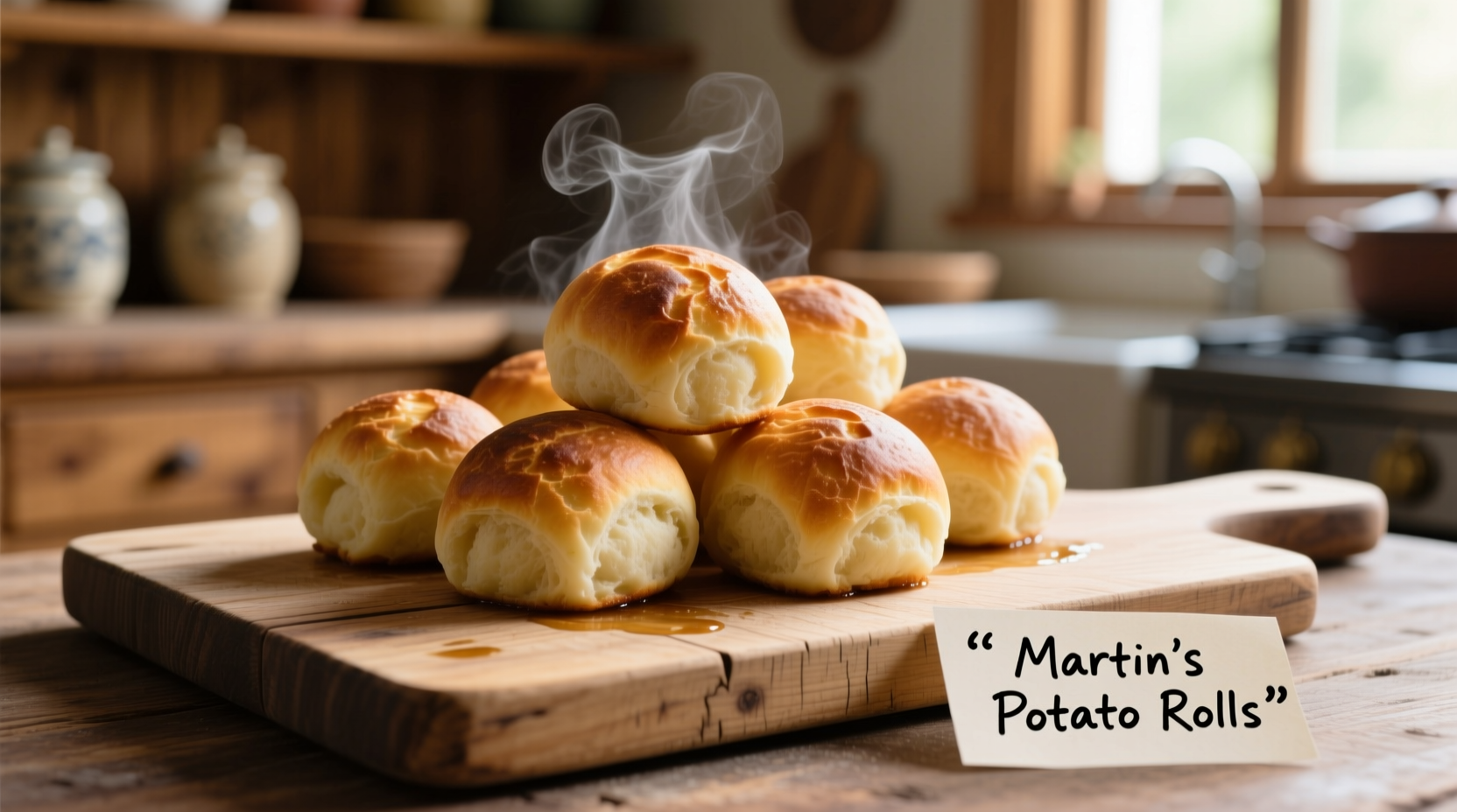 Martin's Potato Rolls on wooden cutting board