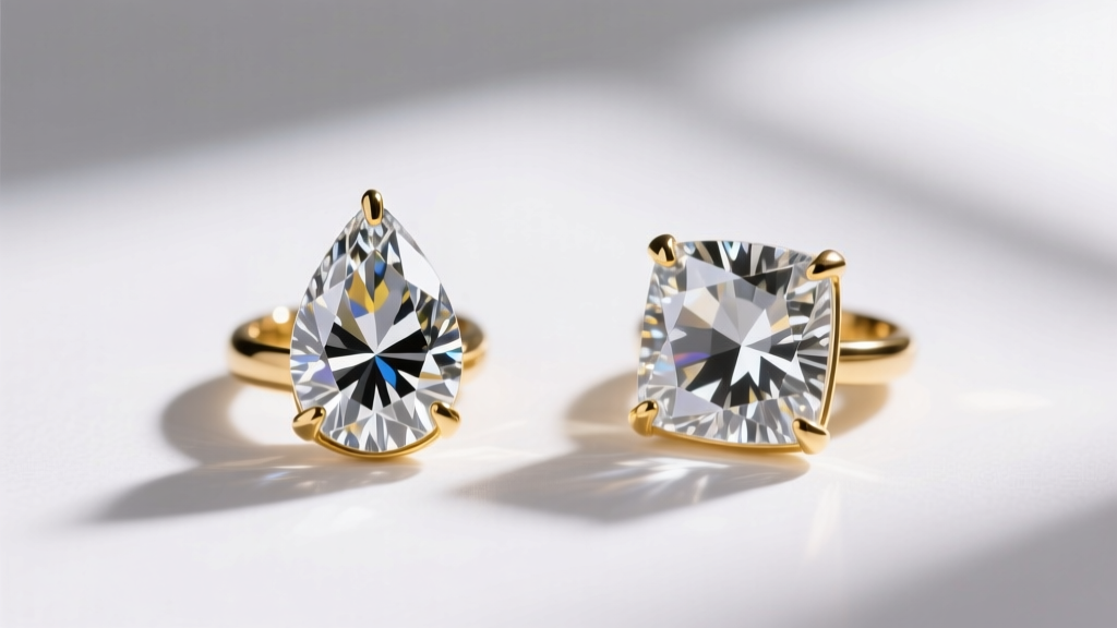 Side-by-side comparison of Swarovski and cubic zirconia crystal drops on gold settings under a jeweler loupe lighting