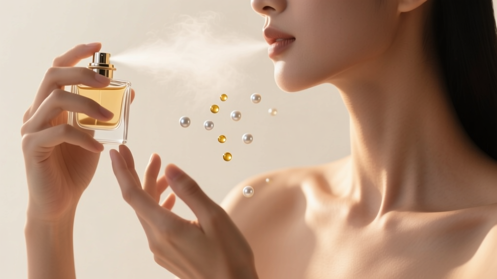 Elegant hands spraying a fine mist of perfume into the air, keeping the bare neck and collarbone area completely free of jewelry