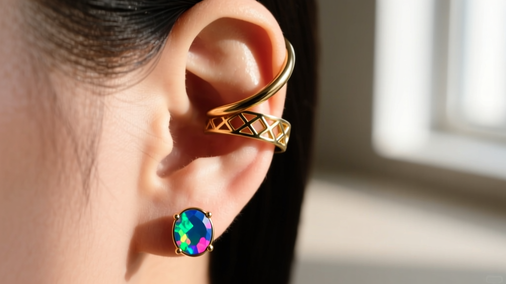 Close-up of an ear featuring an asymmetrical stack of unique earring designs, including a gold helix cuff and an opal lobe stud.