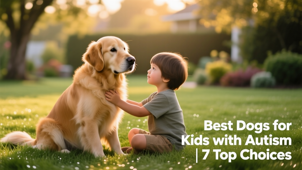 A calm, gentle golden retriever sitting beside a child who appears relaxed and engaged, both seated on a grassy lawn