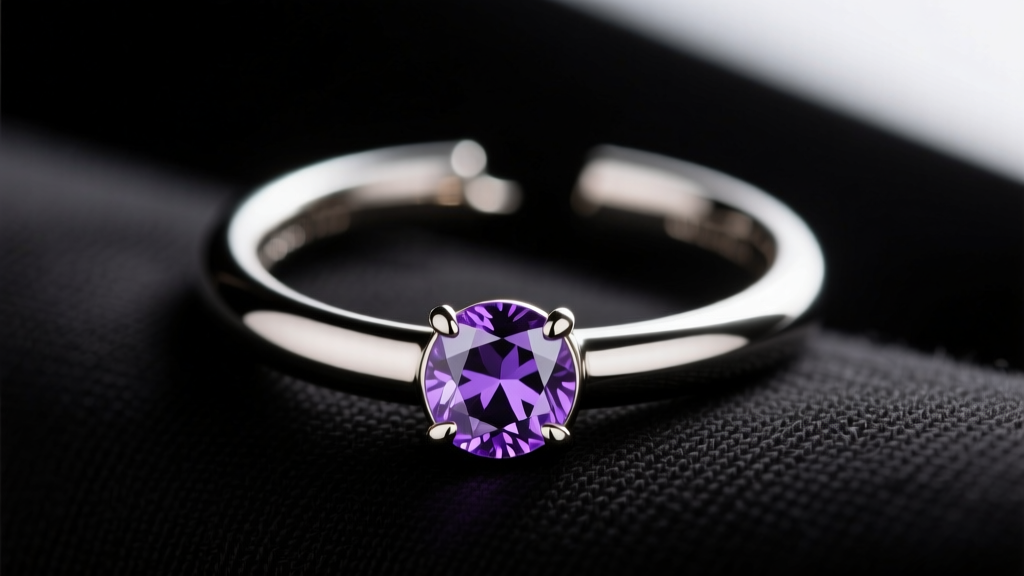 Macro shot of a 16-gauge titanium cartilage hoop with a bezel-set vivid violet tanzanite stone resting on dark velvet fabric.