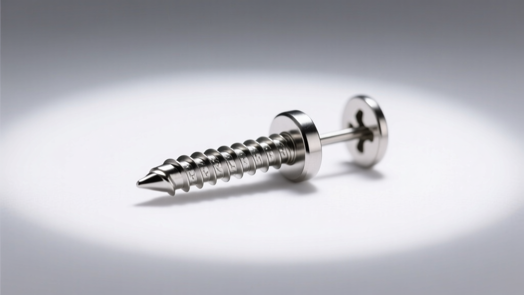 Side profile of 18-gauge titanium screw-back earring post showing 0.25mm thread pitch, illuminated by a soft ring light.