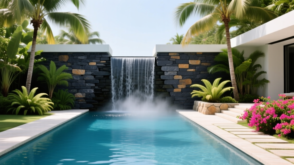 Luxury swimming pool featuring a cascading waterfall wall clad in dark charcoal natural stacked stone veneer surrounded by tropical landscaping