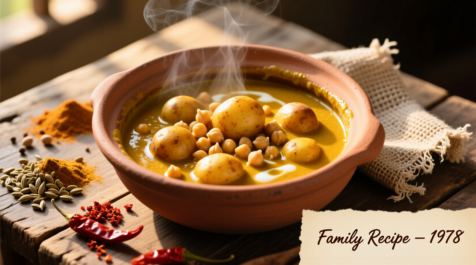 Golden potato chickpea curry in clay pot