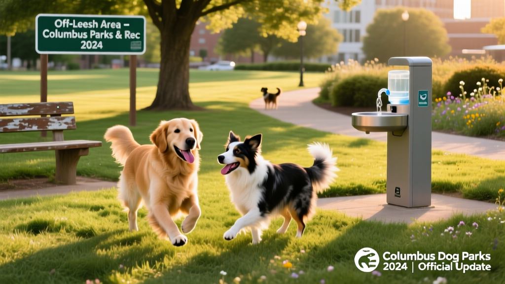 Two friendly dogs playing side-by-side in a well-kept, sun-dappled off-leash area with visible signage, benches, and a water station