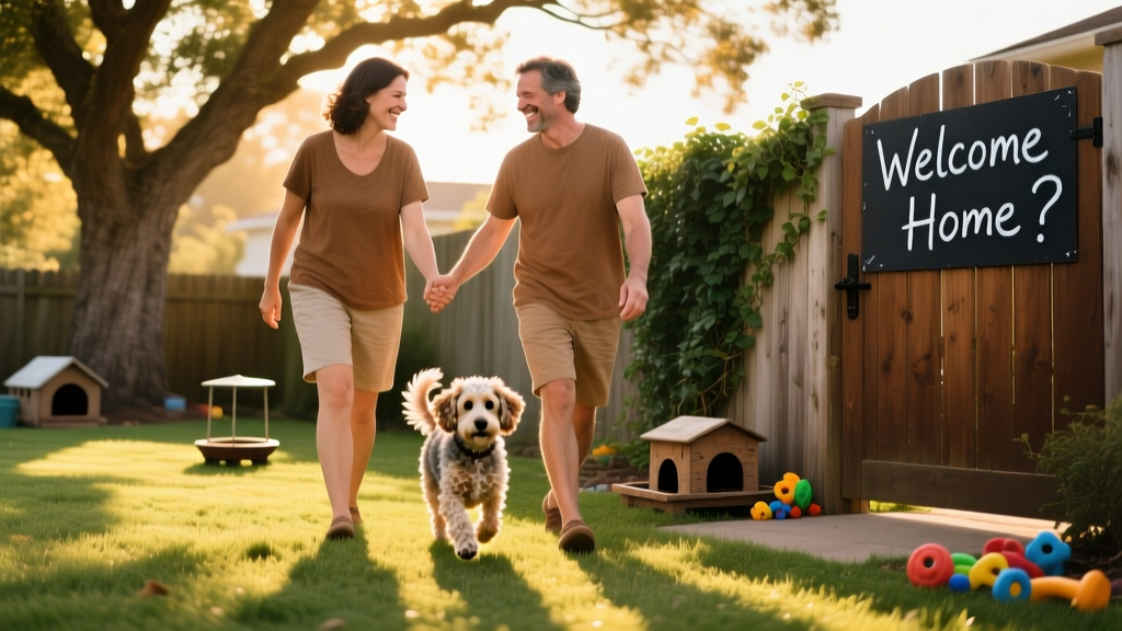 Two people smiling as they gently introduce a dog to a new backyard, representing a positive, intentional rehoming experience
