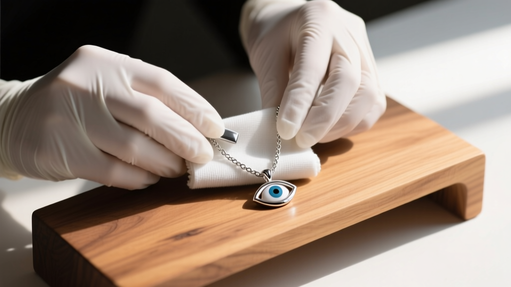Hands wearing nitrile gloves polishing a sterling silver evil eye necklace chain with a microfiber cloth on a wooden jewelry bench
