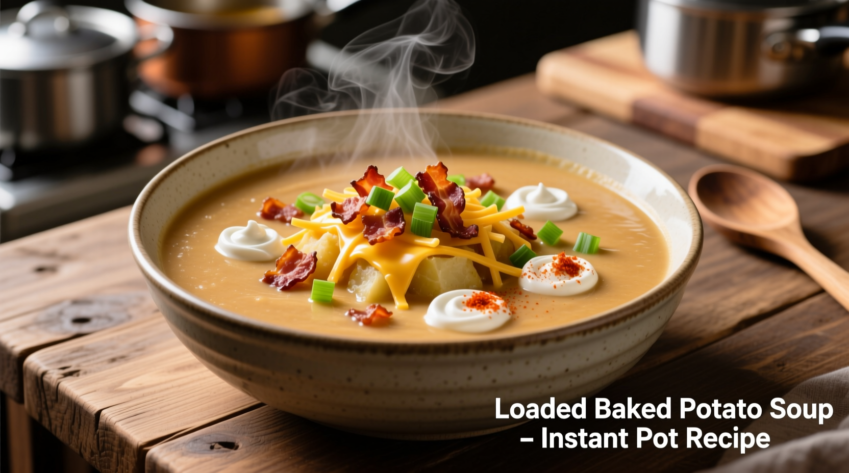 Creamy instant pot loaded baked potato soup with toppings