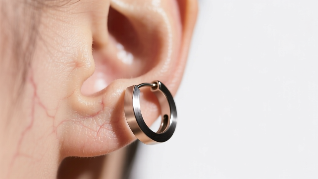 Macro shot of a brushed titanium open gap hoop earring gently gripping upper cartilage under soft, warm studio lighting.