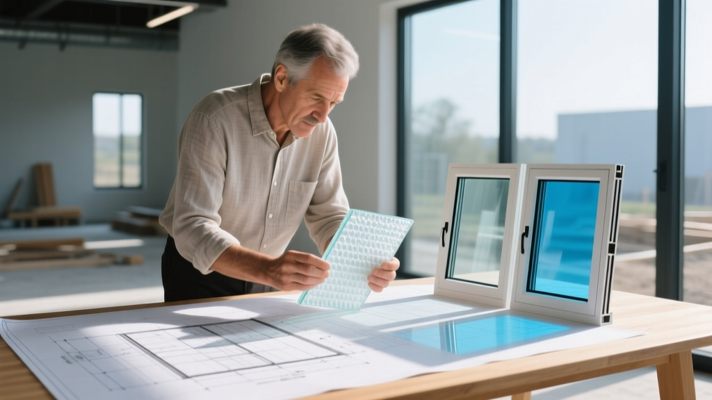 Architect reviewing aerogel insulation and triple-pane window samples on a sunlit modern construction site blueprint table