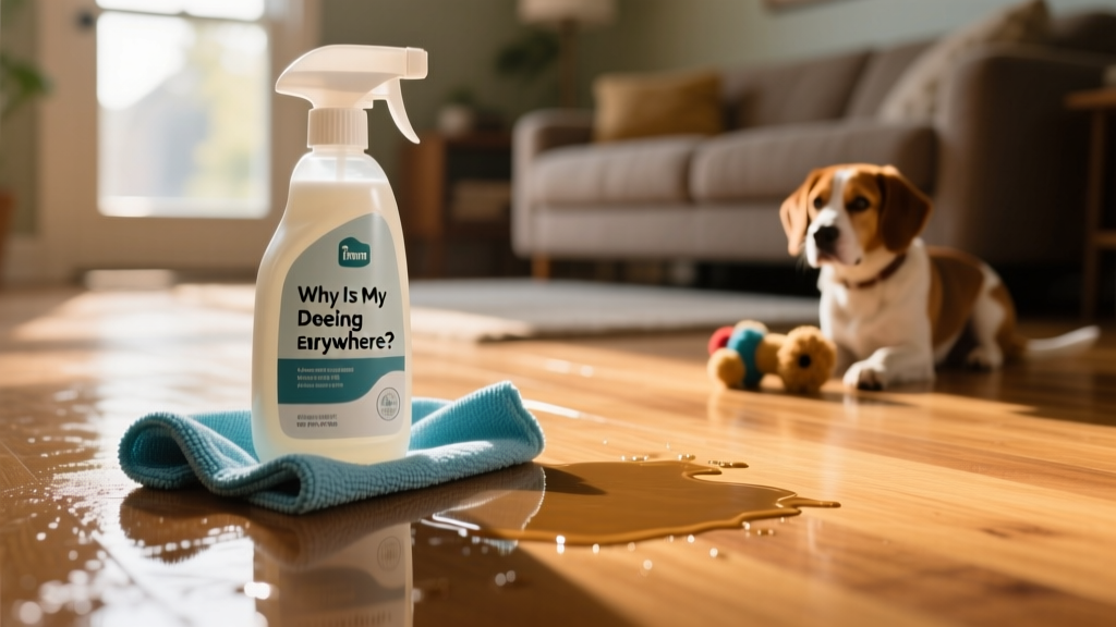 Close-up of enzymatic cleaner bottle and clean cloth on hardwood floor next to a small puddle being wiped up