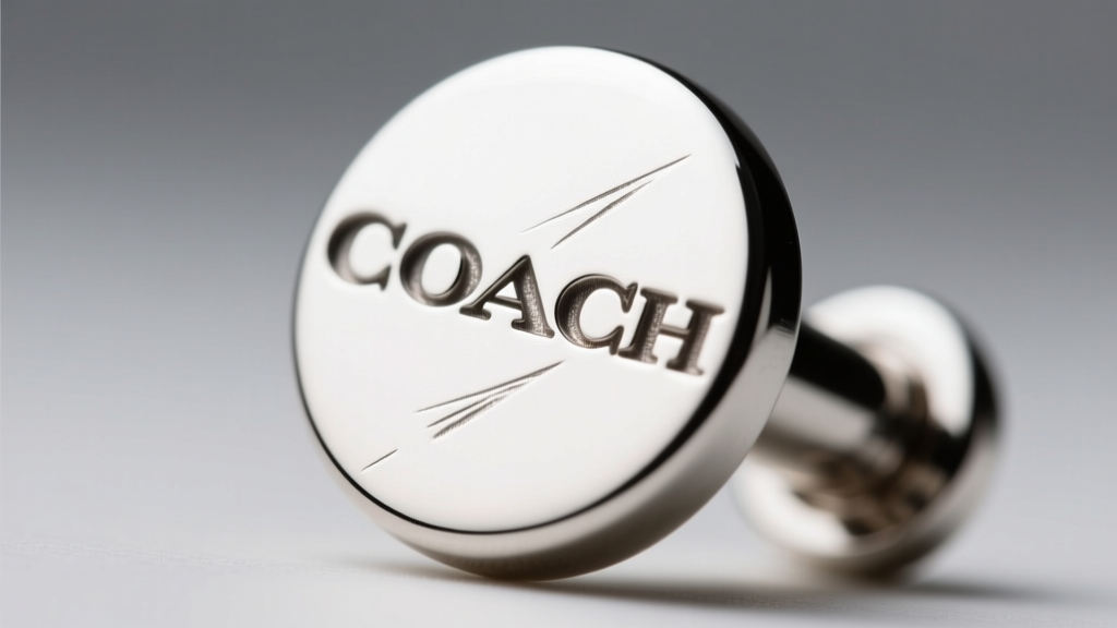 Macro image of an authentic Coach jewelry hallmark stamped into a silver-tone metal post, showing crisp, deep lettering edges.