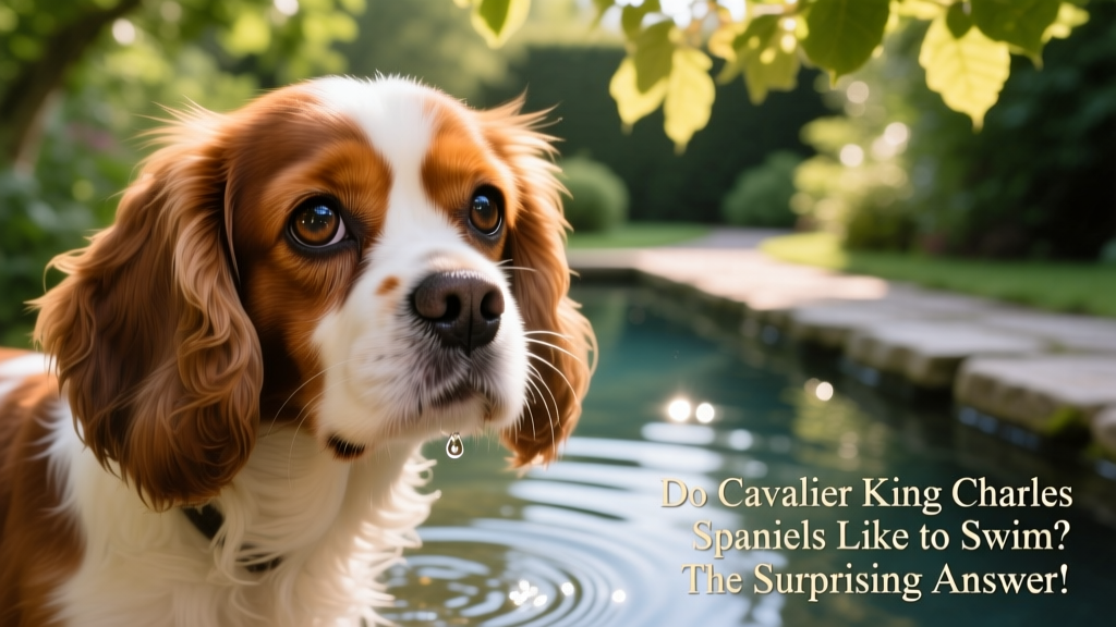 Close-up of a Cavalier King Charles Spaniel’s expressive face, looking curious but cautious toward water