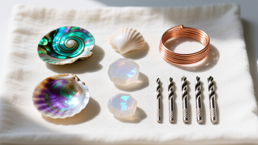 Overhead flat-lay of a DIY shell jewelry kit with paua shells, moonstone crystals, copper wire, and drill bits on linen