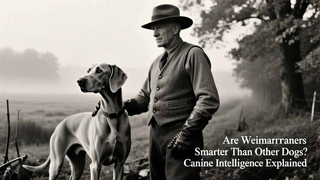 Historic black-and-white photo of a Weimaraner posing beside a hunter in traditional field attire, circa 1940s