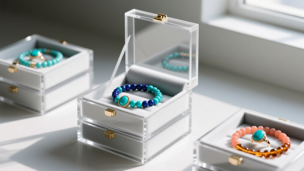 Stackable acrylic and microfiber jewelry boxes storing layered beaded bracelets and turquoise stone rings in separate slots.
