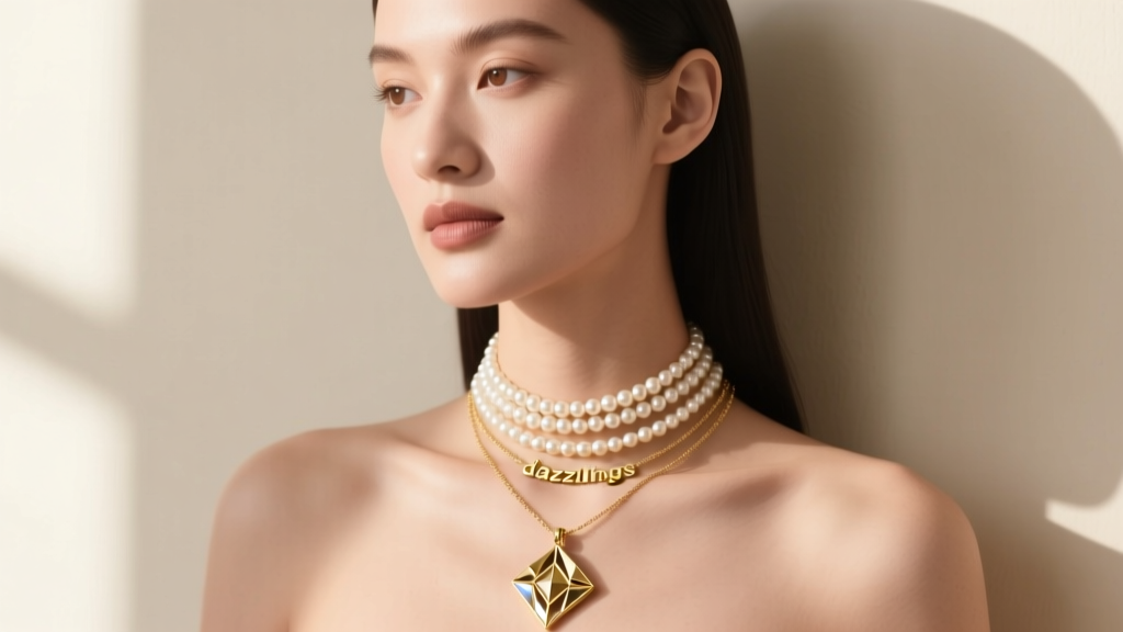Model wearing a layered stack featuring a 14-inch pearl choker and an 18-inch asymmetric gold dazzlings pendant necklace