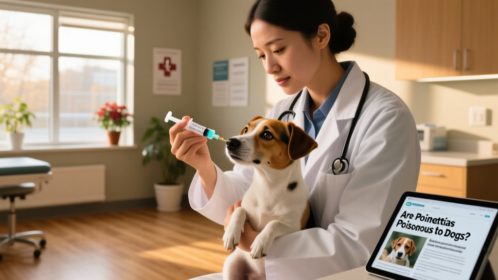 Veterinarian holding a small dog while administering oral medication in a calm clinic setting