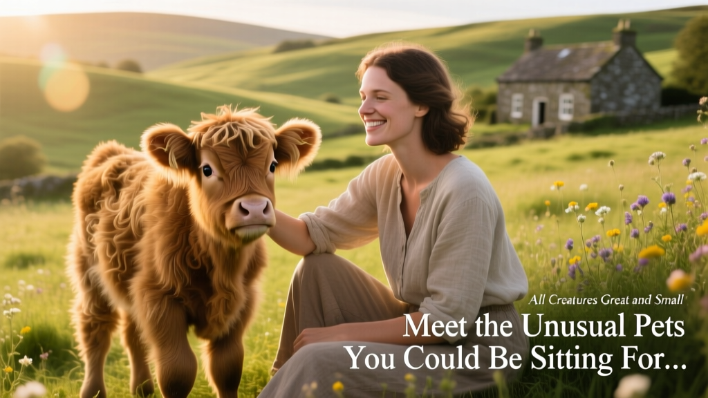 A friendly Highland calf standing beside a pet sitter in a pastoral setting