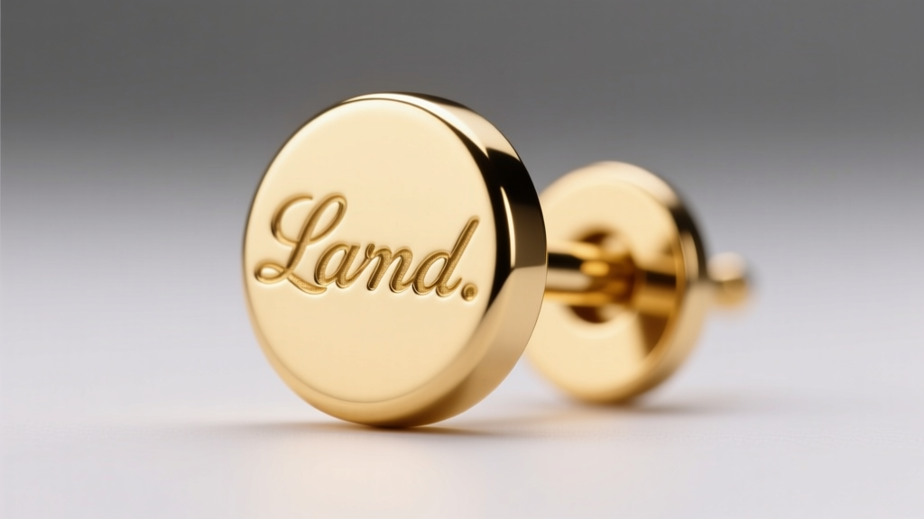 Extreme macro photograph of a gold-plated earring post pad clearly showing the stamped lowercase script brand hallmark.
